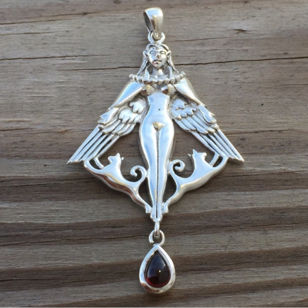 Large Freya Viking Goddess Pendant in .925 Sterling Silver with Garnet drop